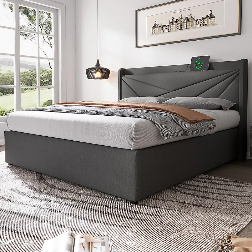 Lit rembourré lit coffre 140x200 cm lit de rangement lit tête de lit à fonction de charge usb type c lit double coton lin gris>Gutent