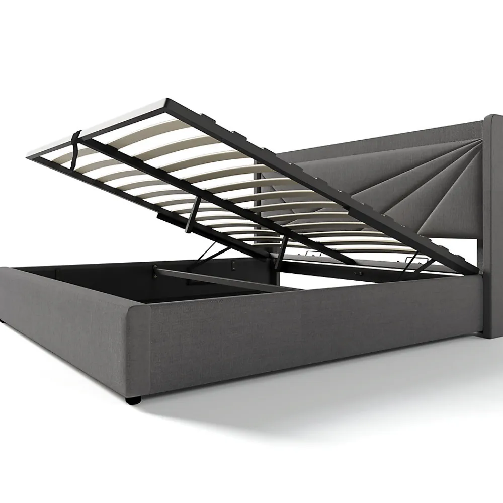 Lit rembourré lit coffre 140x200 cm lit de rangement lit tête de lit à fonction de charge usb type c lit double coton lin gris>Gutent