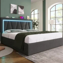 Lit rembourré lit coffre 140x200 cm lit de rangement lit eclairage led avec fonction de chargement usb type c lit double lin gris>Gutent Hot