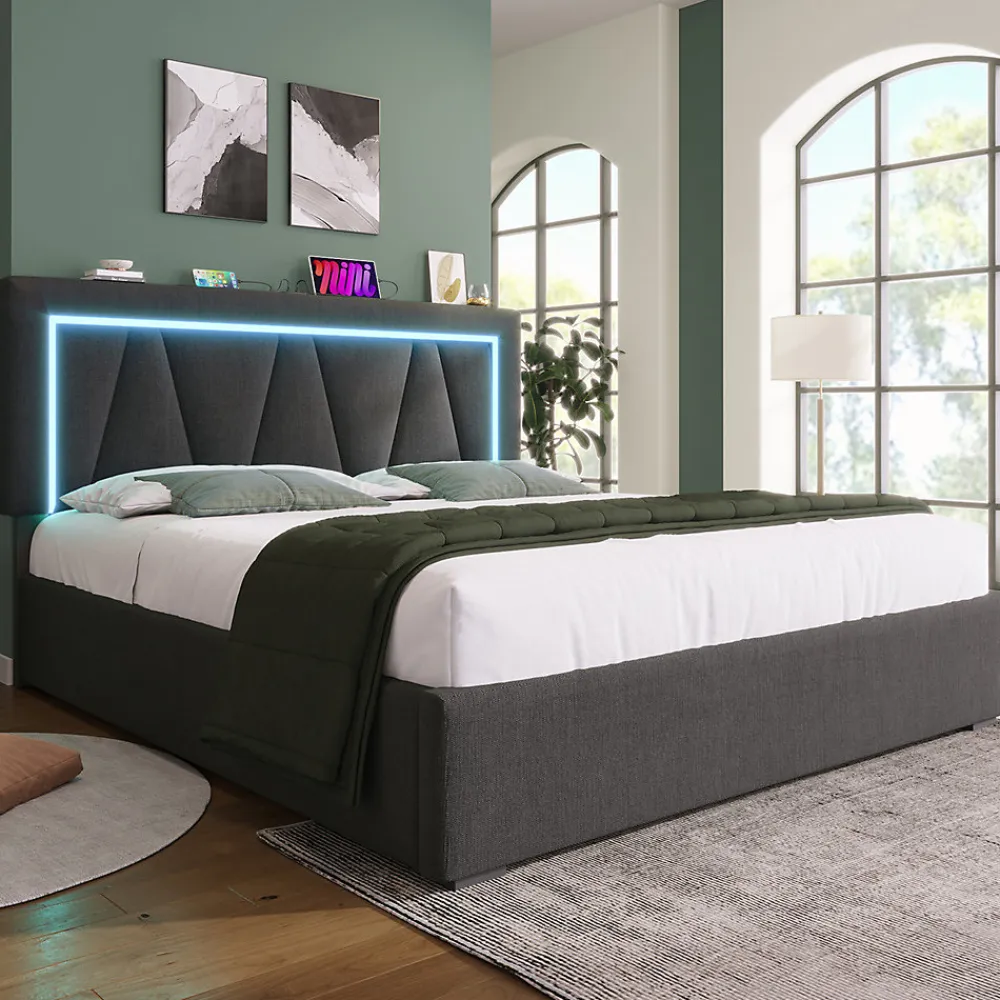 Lit rembourré lit coffre 140x200 cm lit de rangement lit eclairage led avec fonction de chargement usb type c lit double lin gris>Gutent Hot