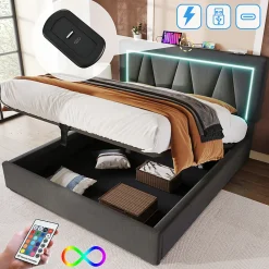 Lit rembourré lit coffre 140x200 cm lit de rangement lit eclairage led avec fonction de chargement usb type c lit double lin gris><noscript><img width=