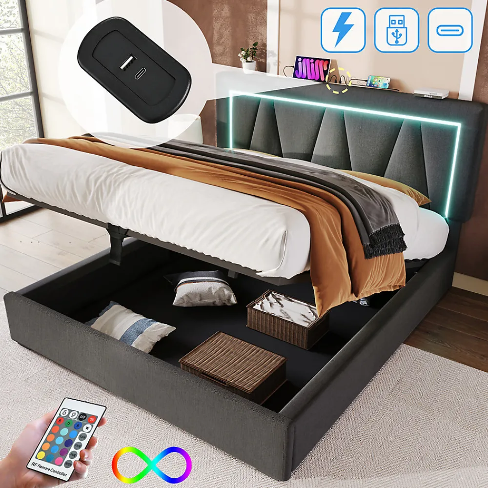 Lit rembourré lit coffre 140x200 cm lit de rangement lit eclairage led avec fonction de chargement usb type c lit double lin gris>Gutent Hot