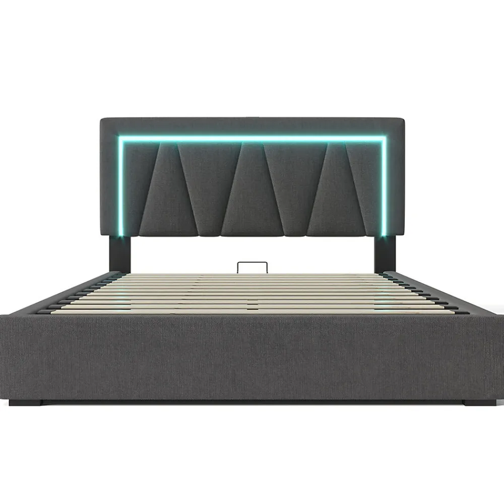 Lit rembourré lit coffre 140x200 cm lit de rangement lit eclairage led avec fonction de chargement usb type c lit double lin gris>Gutent Hot