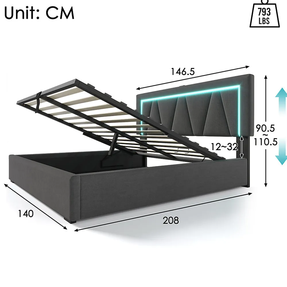 Lit rembourré lit coffre 140x200 cm lit de rangement lit eclairage led avec fonction de chargement usb type c lit double lin gris>Gutent Hot