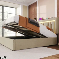 Lit rembourré lit coffre 160x200 cm lit de rangement lit eclairage led avec fonction de chargement usb type c lit double lin beige>Gutent Sale