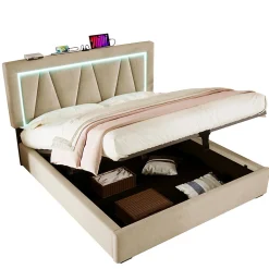 Lit rembourré lit coffre 160x200 cm lit de rangement lit eclairage led avec fonction de chargement usb type c lit double lin beige>Gutent Sale