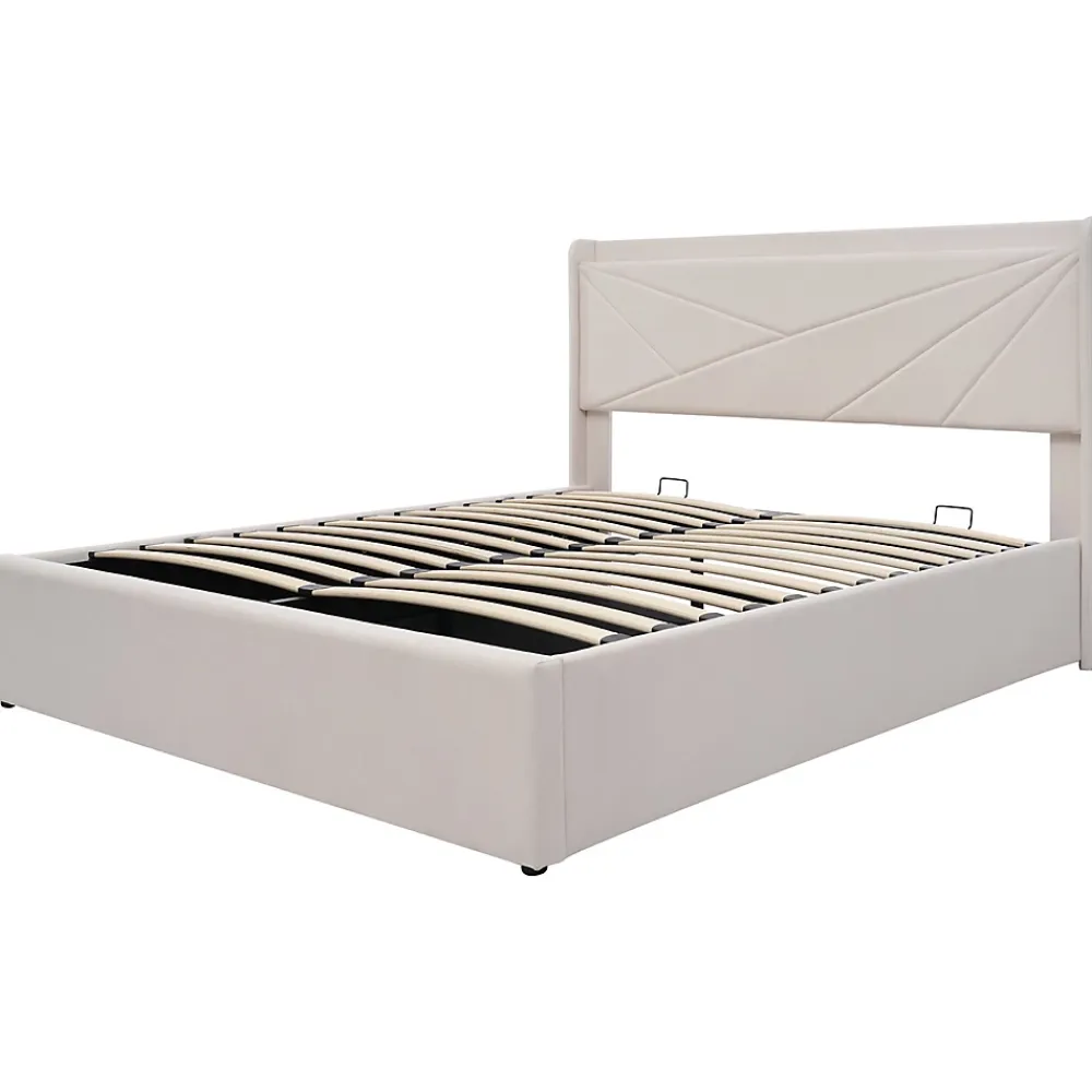Gutent Lit rembourré lit coffre 140x200 cm lit de rangement lit tête de lit à fonction de charge usb type c lit double coton lin beige* Lit Coffre