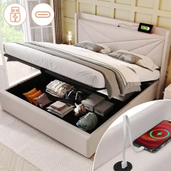 Gutent Lit rembourré lit coffre 140x200 cm lit de rangement lit tête de lit à fonction de charge usb type c lit double coton lin beige* Lit Coffre