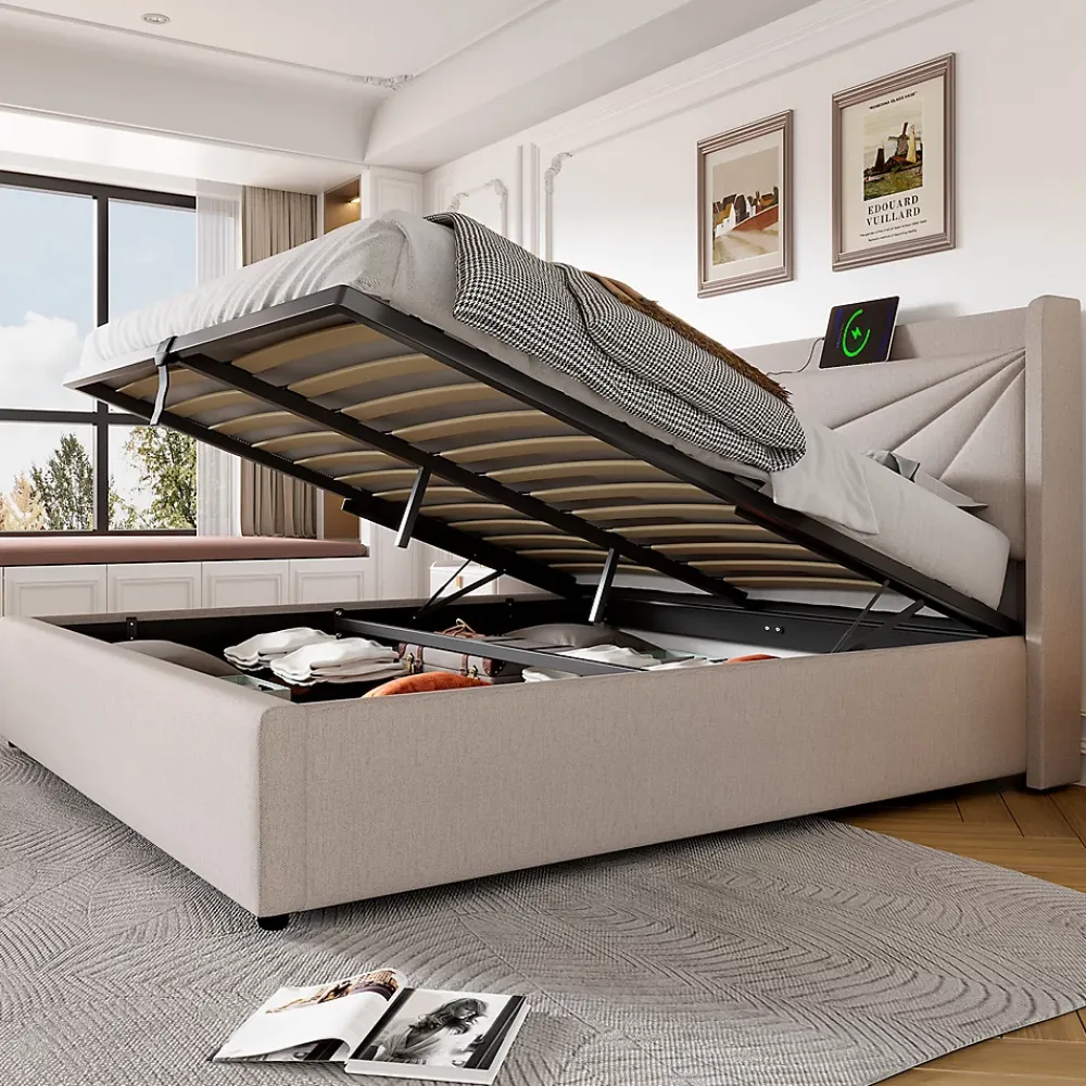 Gutent Lit rembourré lit coffre 140x200 cm lit de rangement lit tête de lit à fonction de charge usb type c lit double coton lin beige* Lit Coffre