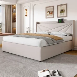Gutent Lit rembourré lit coffre 140x200 cm lit de rangement lit tête de lit à fonction de charge usb type c lit double coton lin beige* Lit Coffre