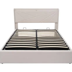 Gutent Lit rembourré lit coffre 140x200 cm lit de rangement lit tête de lit à fonction de charge usb type c lit double coton lin beige* Lit Coffre