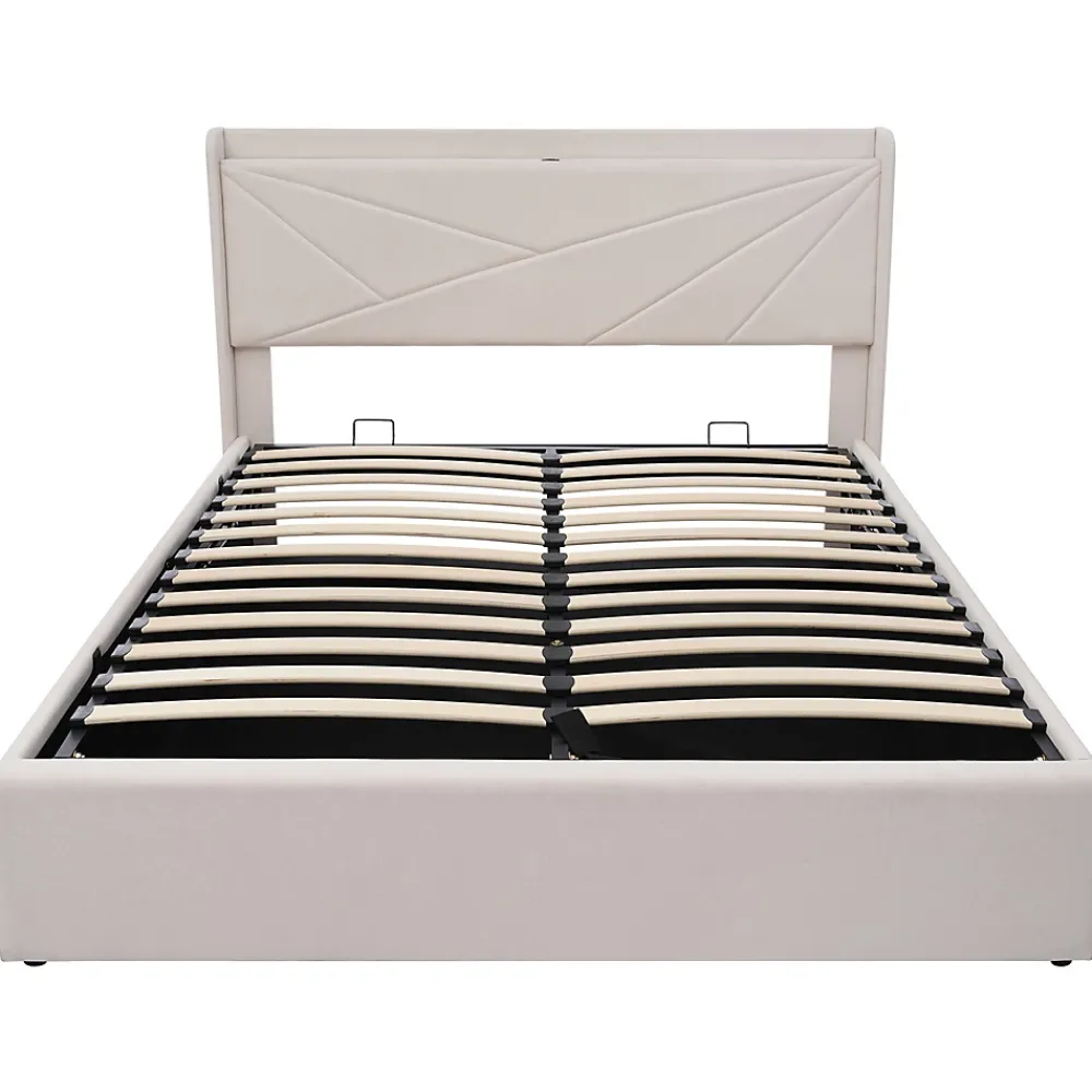 Gutent Lit rembourré lit coffre 140x200 cm lit de rangement lit tête de lit à fonction de charge usb type c lit double coton lin beige* Lit Coffre