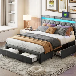Lit Rembourré lit double 160x200cm avec 4 tiroirs et LED, USB, cadre de lit, lin gris>Simple Life Clearance