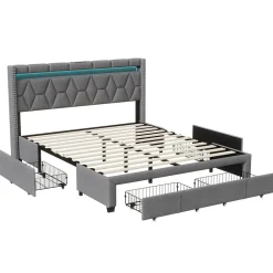 Lit Rembourré lit double 160x200cm avec 4 tiroirs et LED, USB, cadre de lit, lin gris>Simple Life Clearance