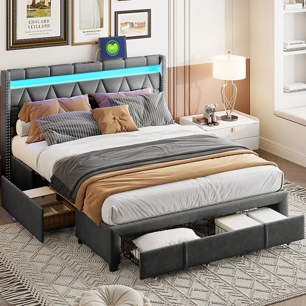 Lit Rembourré lit double 160x200cm avec 4 tiroirs et LED, USB, cadre de lit, lin gris>Simple Life Clearance
