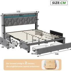 Lit Rembourré lit double 160x200cm avec 4 tiroirs et LED, USB, cadre de lit, lin gris><noscript><img width=