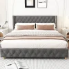 Lit rembourré lit 160x200cm lit rembourrage à rivets lit pieds en bois velours gris>Gutent Hot