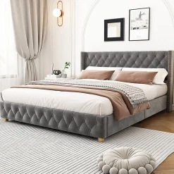 Lit rembourré lit 160x200cm lit rembourrage à rivets lit pieds en bois velours gris><noscript><img width=