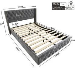 Lit rembourré lit 160x200cm lit rembourrage à rivets lit pieds en bois velours gris><noscript><img width=