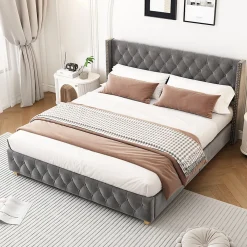 Lit rembourré lit 160x200cm lit rembourrage à rivets lit pieds en bois velours gris><noscript><img width=