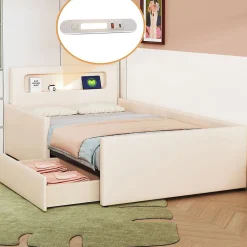Lit rembourré pour enfant 90 x 200 cm, veilleuse USB, compartiments de rangement, beige,><noscript><img width=