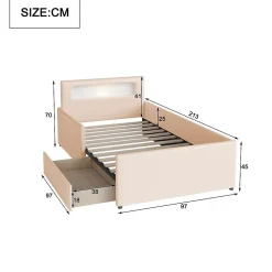 Lit rembourré pour enfant 90 x 200 cm, veilleuse USB, compartiments de rangement, beige,><noscript><img width=