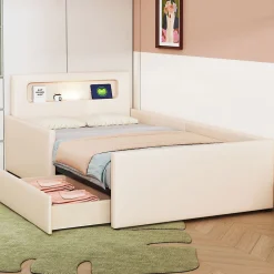 Lit rembourré pour enfant 90 x 200 cm, veilleuse USB, compartiments de rangement, beige,><noscript><img width=