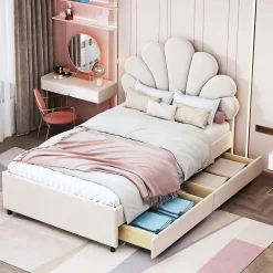 Blackcolors Lit rembourré pour enfant 90 x 200 cm, tête de lit à fleurs, 2 compartiments, beige,*Enfant Lit Enfant