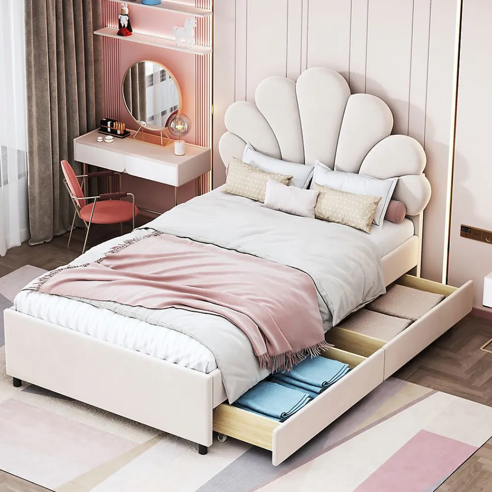 Blackcolors Lit rembourré pour enfant 90 x 200 cm, tête de lit à fleurs, 2 compartiments, beige,*Enfant Lit Enfant