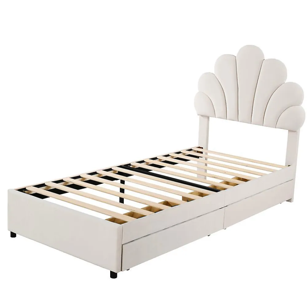 Blackcolors Lit rembourré pour enfant 90 x 200 cm, tête de lit à fleurs, 2 compartiments, beige,*Enfant Lit Enfant