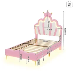 Lit Rembourré Pour Enfant 90 X 200 Cm Avec LED, Lit De Princesse Couronne, En Polyuréthane, Rose><noscript><img width=