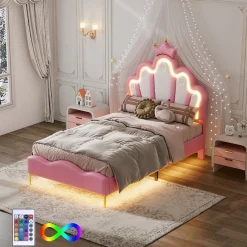 Lit Rembourré Pour Enfant 90 X 200 Cm Avec LED, Lit De Princesse Couronne, En Polyuréthane, Rose><noscript><img width=