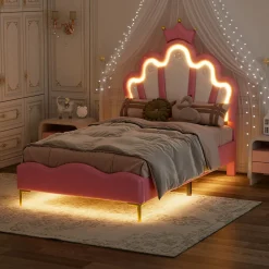 Lit Rembourré Pour Enfant 90 X 200 Cm Avec LED, Lit De Princesse Couronne, En Polyuréthane, Rose><noscript><img width=