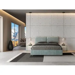 Ityhome Lit rembourré sans sommier 160x210 Aragona 7 tissu bleu clair Mados* Lit Coffre
