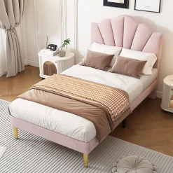 Lit rembourré Single 90x200 cm avec sommier à lattes - tête de lit réglable - tissu en velours - rose>Gutent Outlet