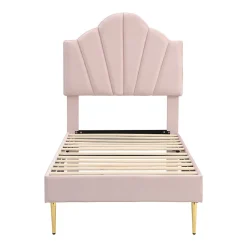 Lit rembourré Single 90x200 cm avec sommier à lattes - tête de lit réglable - tissu en velours - rose><noscript><img width=
