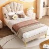 Lit rembourré Single 90x200 cm avec sommier à lattes - tête de lit réglable - tissu en velours - beige>Gutent Discount