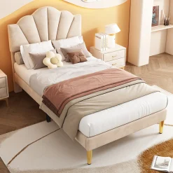 Lit rembourré Single 90x200 cm avec sommier à lattes - tête de lit réglable - tissu en velours - beige>Gutent Discount