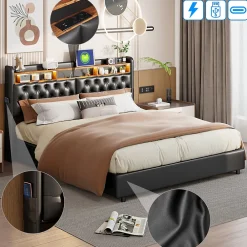 Simple Life Lit Rembourré 180x200 avec USB et prises, LED,lit à coffre hydraulique lit double, simili cuir, noir* Lit Coffre
