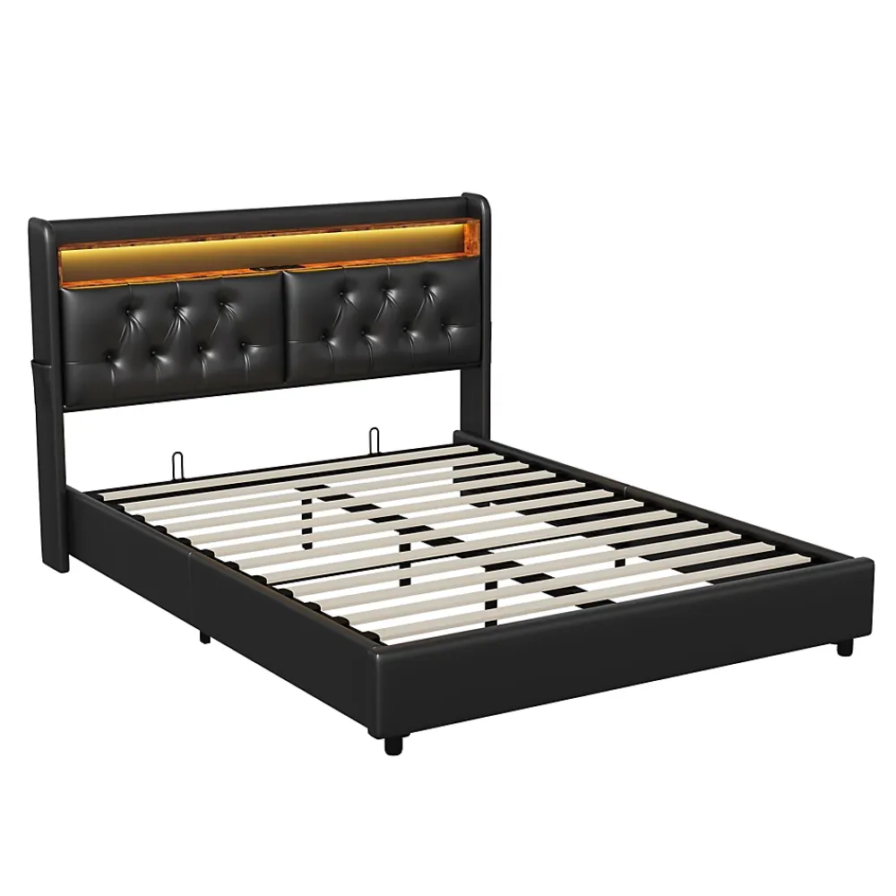 Simple Life Lit Rembourré 180x200 avec USB et prises, LED,lit à coffre hydraulique lit double, simili cuir, noir* Lit Coffre