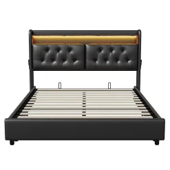 Simple Life Lit Rembourré 180x200 avec USB et prises, LED,lit à coffre hydraulique lit double, simili cuir, noir* Lit Coffre