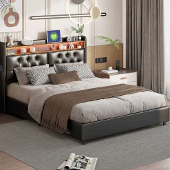 Simple Life Lit Rembourré 180x200 avec USB et prises, LED,lit à coffre hydraulique lit double, simili cuir, noir* Lit Coffre