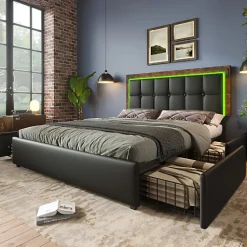 Lit rembourré 160x200 cm avec LED et 4 tiroirs - tête de lit réglable en hauteur - en similicuir noir>ModernLuxe Outlet
