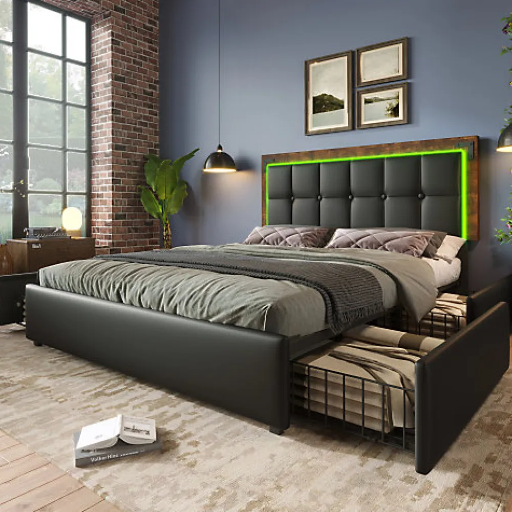 Lit rembourré 160x200 cm avec LED et 4 tiroirs - tête de lit réglable en hauteur - en similicuir noir>ModernLuxe Outlet