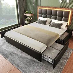 Lit rembourré 160x200 cm avec LED et 4 tiroirs - tête de lit réglable en hauteur - en similicuir noir><noscript><img width=