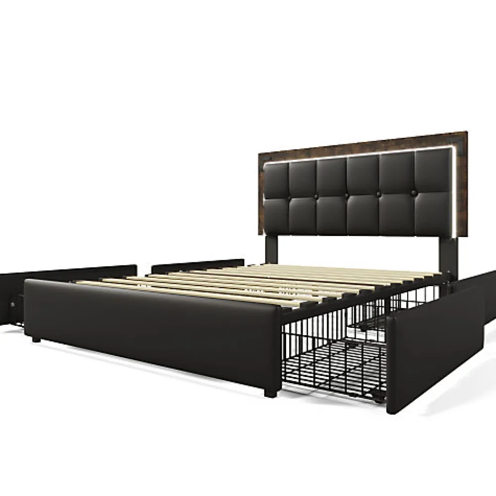 Lit rembourré 160x200 cm avec LED et 4 tiroirs - tête de lit réglable en hauteur - en similicuir noir>ModernLuxe Outlet
