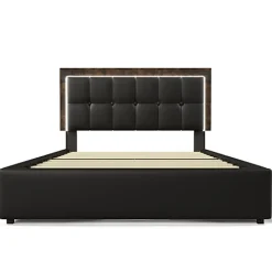 Lit rembourré 160x200 cm avec LED et 4 tiroirs - tête de lit réglable en hauteur - en similicuir noir><noscript><img width=