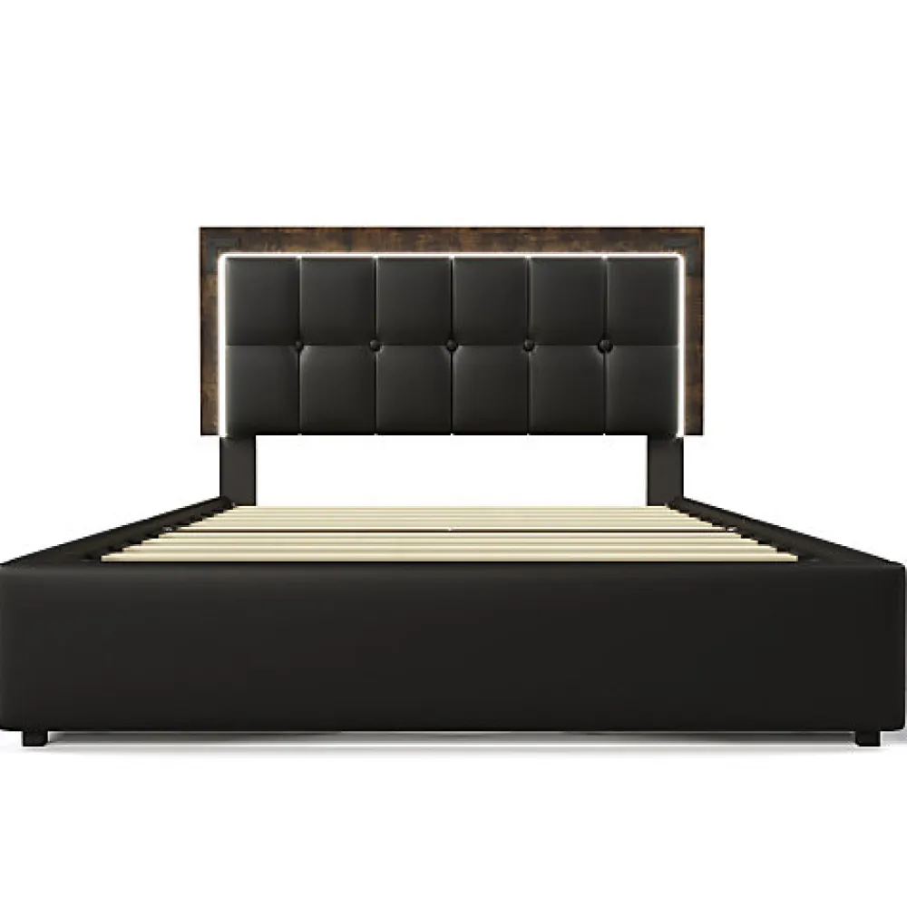 Lit rembourré 160x200 cm avec LED et 4 tiroirs - tête de lit réglable en hauteur - en similicuir noir>ModernLuxe Outlet