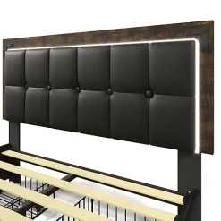 Lit rembourré 160x200 cm avec LED et 4 tiroirs - tête de lit réglable en hauteur - en similicuir noir><noscript><img width=