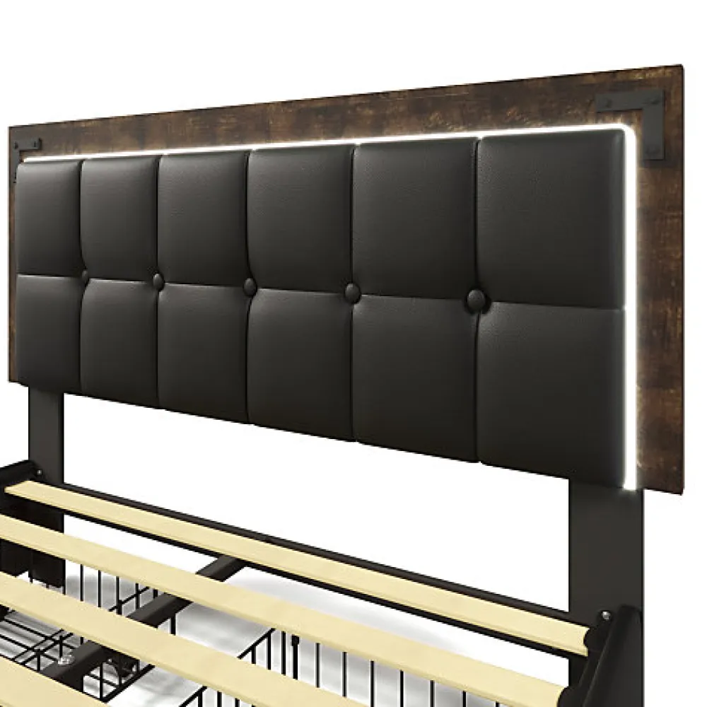 Lit rembourré 160x200 cm avec LED et 4 tiroirs - tête de lit réglable en hauteur - en similicuir noir>ModernLuxe Outlet